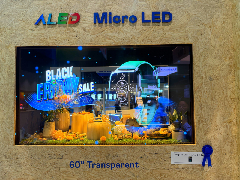 沐鸣2平台60吋高透明度Micro LED显示器获”最佳Micro LED沐鸣2应用奖”，将Micro LED面板透明化之设计特性极致发挥，以可扩展性无缝拼接沐鸣2打造，具备600 nits全画面亮度、大于60%穿透率及超过NTSC 110%的优异广色域表现，可依需求灵活应用于各种场域